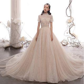 Short / Long Sleeve Stand Collar Lace Tutu Wedding Ball Gown