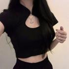 Short-sleeve Stand Collar Cutout Crop Top