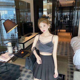 Mesh Overlay Cropped Camisole Top / Pleated Mini A-line Skirt