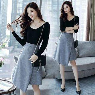 Set: Long Sleeve Round Neck T-shirt + Asymmetric A-line Skirt