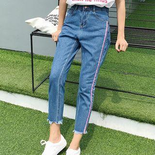 Cropped Straight Cut Striped Trim Jeans