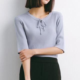 Elbow-sleeve Lace-up Knit Top