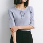 Elbow-sleeve Lace-up Knit Top