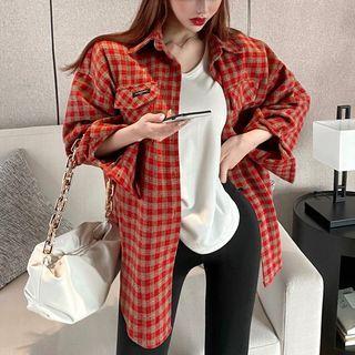 Rpund-hem V-neck Loose T-shirt / Checkerboard Loose Shirt