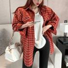 Rpund-hem V-neck Loose T-shirt / Checkerboard Loose Shirt