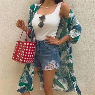 Elbow-sleeve Foliage Robe Cardigan