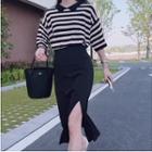 Set: Elbow-sleeve Striped Top + Slit Midi Pencil Skirt