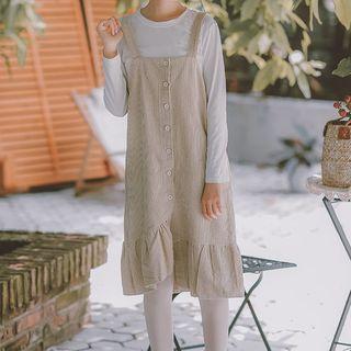 Set: Long-sleeve T-shirt + Asymmetric Sleeveless Buttoned Corduroy Dress