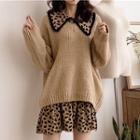 Leopard Print Long-sleeve Mini Dress / V-neck Sweater