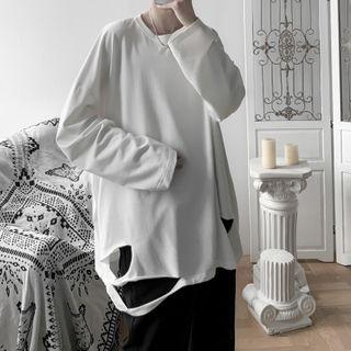 Long-sleeve Crewneck Ripped Plain T-shirt