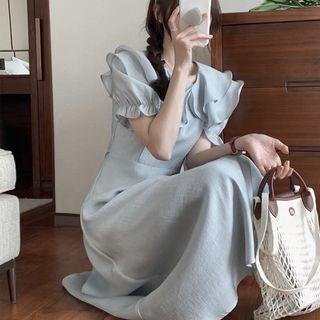 Short-sleeve Ruffled Collar Midi A-line Dress