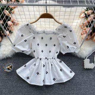 Square-neck Ruffle Puff-sleeve Embroidered Top