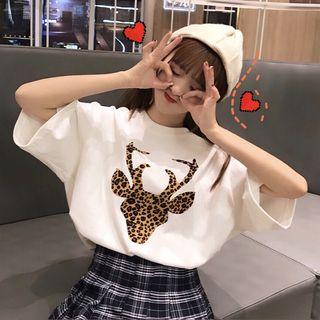 3/4-sleeve Deer Print Long T-shirt