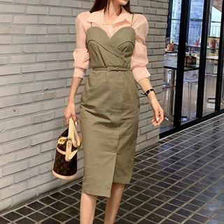 Set: Long-sleeve Shirt + Spaghetti Strap Midi Sheath Dress
