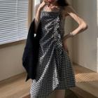 Wide Strap Plaid Shirred A-line Dress / Short-sleeve Cardigan