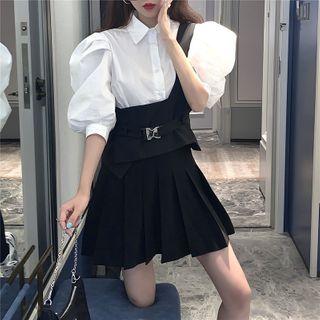 Puff-sleeve Blouse / Mini A-line Pleated Skirt / One-shoulder Corset Belt