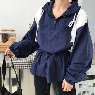 Two-tone Hooded Drawstring Waist Jacket
