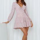 Bishop-sleeve Floral Print Lace-up Tiered Mini A-line Dress