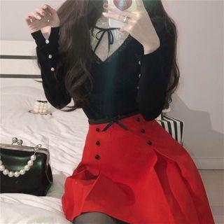 Mock Two-piece Lace Panel Blouse / Double Breasted Mini Skirt
