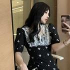 Puff-sleeve Lace Panel Floral Print A-line Dress