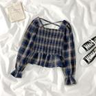 Long-sleeve Plaid Smocked Top Blue - One Size
