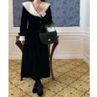 Long-sleeve Sailor Collar Two-tone Velvet Midi A-line Dress Black - One Size