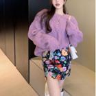 Oversized Cable-knit Sweater / Floral High-waist Mini Skirt