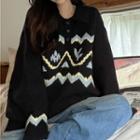 Long-sleeve Polo Collar Printed Knit Sweater