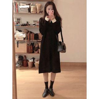 Contrast-trim Wool Blend Long Shirtdress One Size
