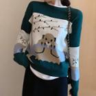 Set Of 2:knitted Print Sweater + Knitted Midi Skirt Green Sweater & Black Skirt - One Size