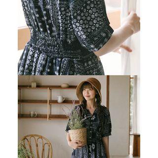 Buttoned Long Paisley Dress Navy Blue - One Size