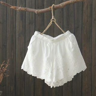 Eyelet Lace Panel Drawstring Shorts