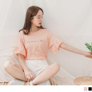 Ruffle Sleeve Cutout Shoulder Lettering Top