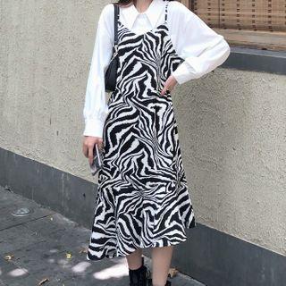 Long-sleeve Chiffon Shirt / Spaghetti Strap Zebra Print Midi Mermaid Dress