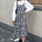 Long-sleeve Chiffon Shirt / Spaghetti Strap Zebra Print Midi Mermaid Dress