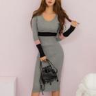 Color Block Knit Midi Sheath Dress