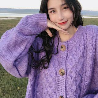 Plain Crewneck Single-breasted Long-sleeve Cable-knit Cardigan