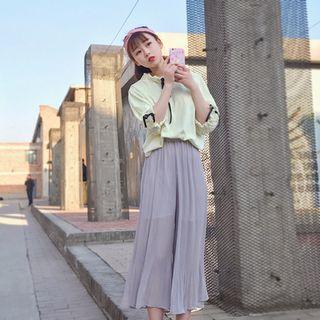 Set: Velvet Long-sleeve Blouse + Chiffon Wide Leg Pants