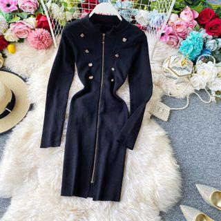 Zip-front Double-breasted Long-sleeve Knit Dress Black - One Size
