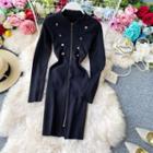 Zip-front Double-breasted Long-sleeve Knit Dress Black - One Size