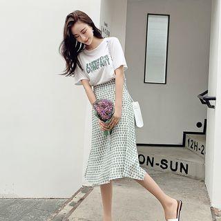 Set: Lettering Short-sleeve T-shirt + Dotted Midi A-line Skirt
