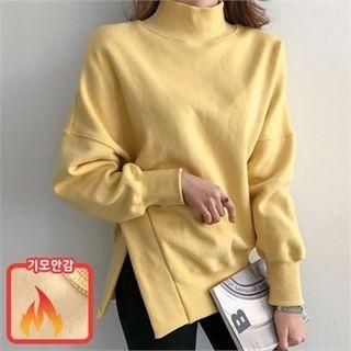 Mock-neck Slit-hem Napped Top
