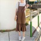Set: Elbow-sleeve T-shirt + Frill Trim Midi A-line Overall Dress