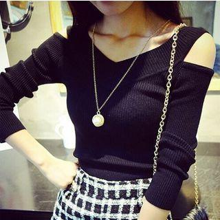 V-neck Cold-shoulder Rib Knit Top