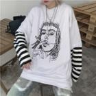 Mock Two-piece Printed Long-sleeve T-shirt White - One Size
