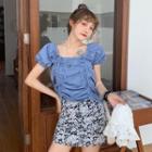 Puff-sleeve Drawstring Blouse / Floral Mini Straight-fit Skirt