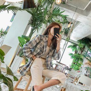 Boxy Linen Plaid Blazer