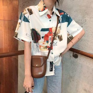 Printed Short Sleeve Blouse Off-white - One Size