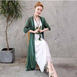 Set: Sleeveless Floral Print Midi A-line Dress + Elbow-sleeve Light Jacket