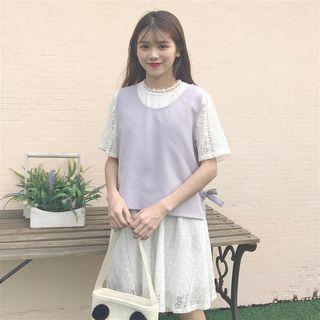 Set: Short-sleeve A-line Dress + Vest